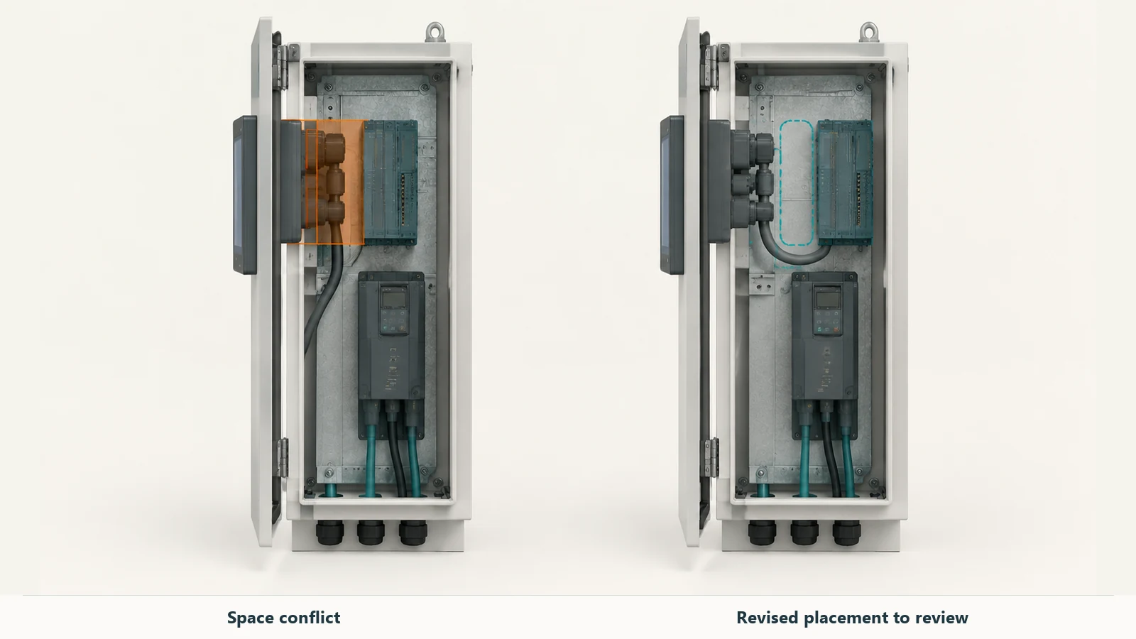 Side-section comparison showing HMI connector interference and a revised internal arrangement