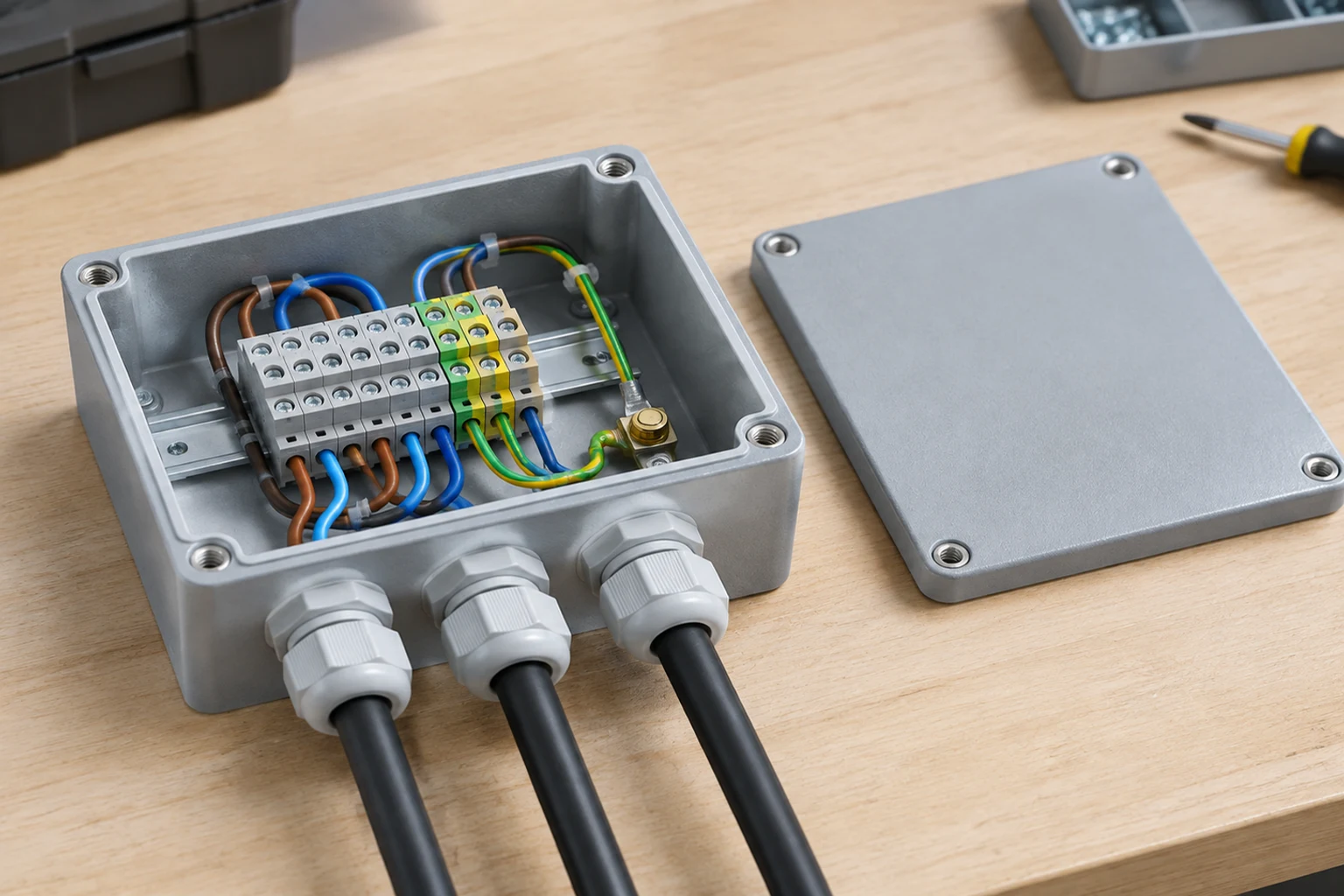 Open industrial junction box with terminal blocks grounding point and cable entries