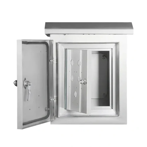 Open white IP65 electrical enclosure showing a sealed outer door, inner door, gasket, and mounting area