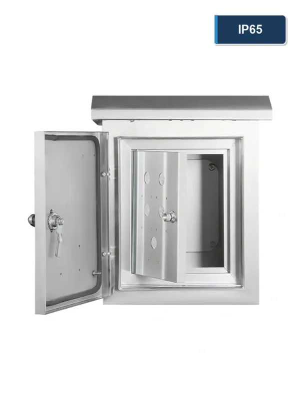 Open white IP65 electrical enclosure showing a sealed outer door, inner door, gasket, and mounting area