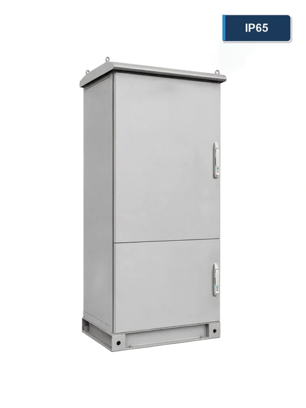 Tall gray IP65 floor-standing electrical enclosure with two access doors, lifting eyes, and a raised base