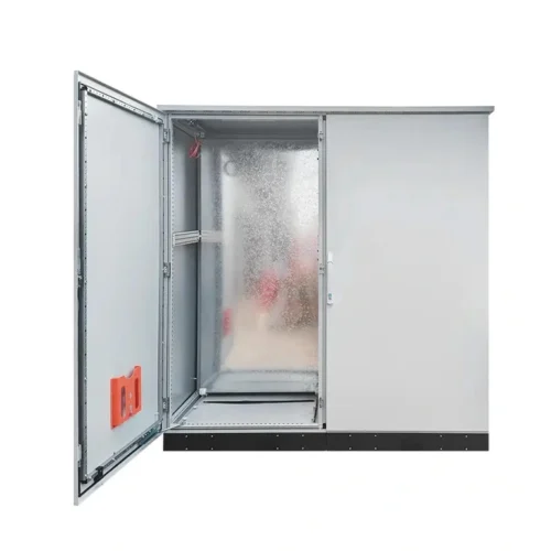 Open gray IP66 floor-standing electrical cabinet with two doors and an internal equipment mounting space