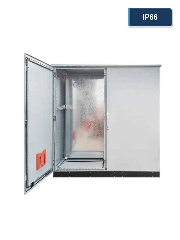 Open gray IP66 floor-standing electrical cabinet with two doors and an internal equipment mounting space