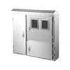 Gray IP66 electrical cabinet with multiple lockable compartments, two viewing windows, and a sloped rain cover