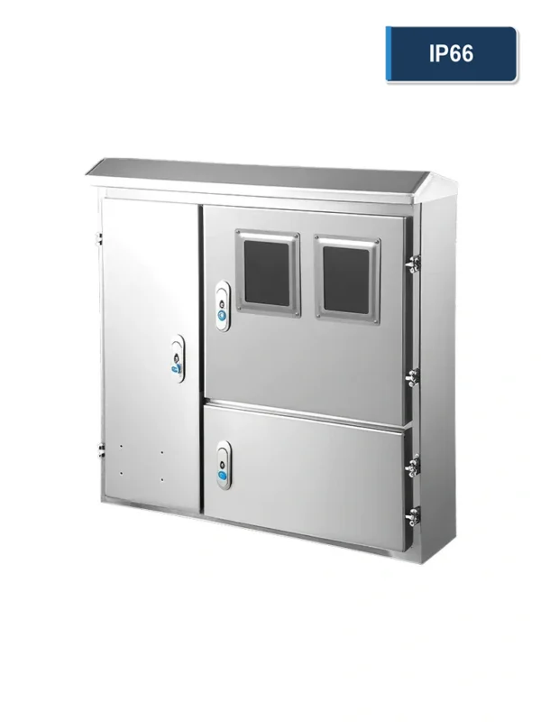 Gray IP66 electrical cabinet with multiple lockable compartments, two viewing windows, and a sloped rain cover