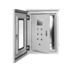 Open gray IP66 electrical enclosure showing a gasketed outer door, inner mounting door, and internal cabinet space