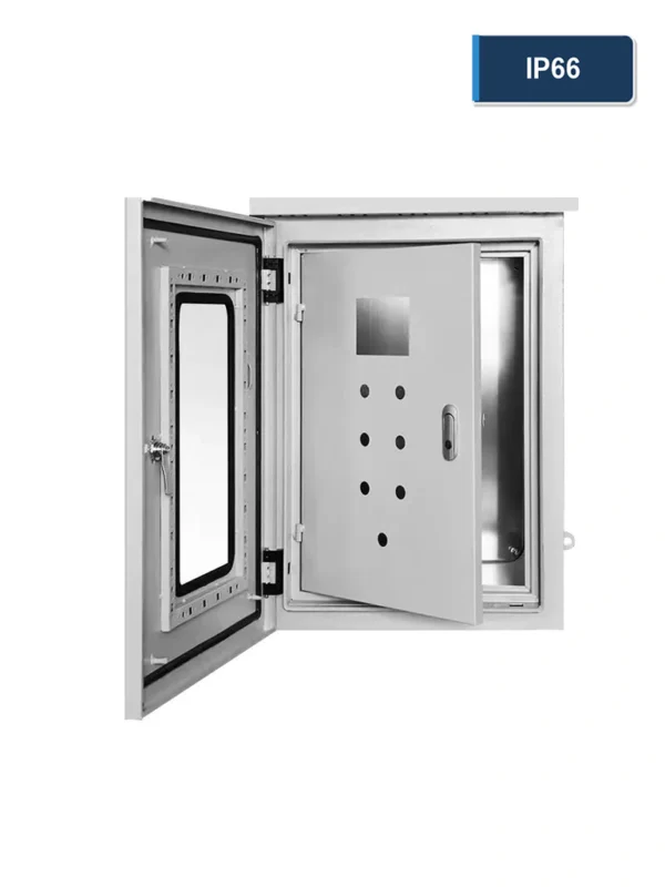 Open gray IP66 electrical enclosure showing a gasketed outer door, inner mounting door, and internal cabinet space