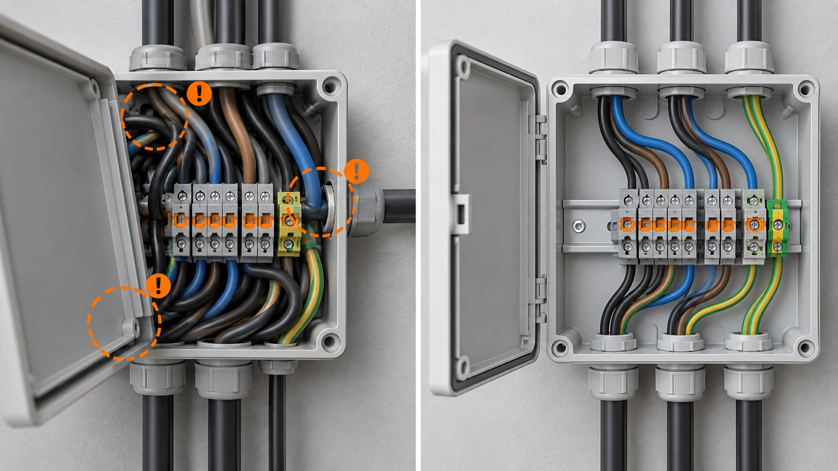 Before and after comparison of an overcrowded junction box and a planned serviceable enclosure layout