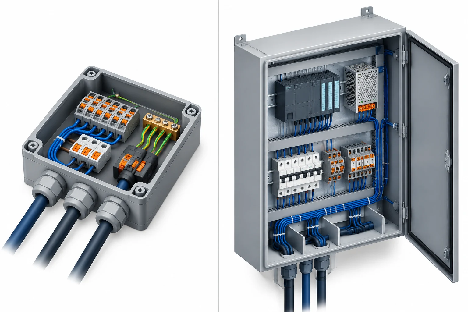 Technical comparison of terminal connections in a junction box and equipment in an electrical enclosure