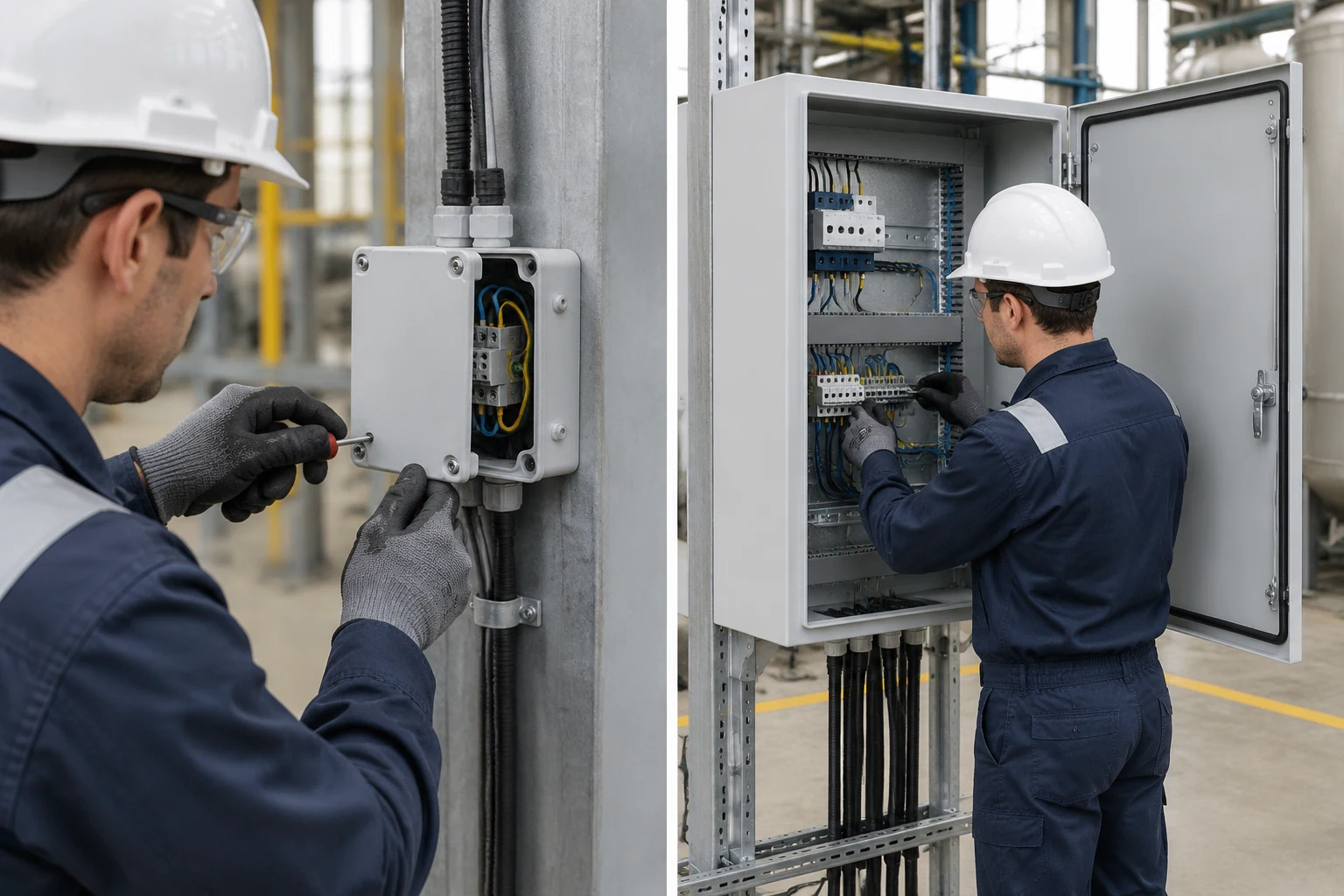 Technician accessing a screw-cover junction box and hinged electrical enclosure