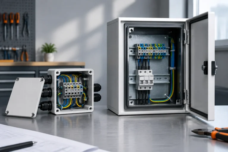 Side-by-side comparison of a compact junction box and a larger electrical enclosure