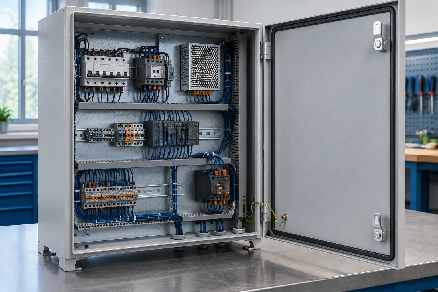 Open electrical enclosure with mounting plate DIN rail controls and service clearance