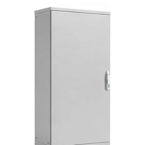 Front-right view of a tall gray NEMA 1 single-door electrical enclosure with a side-mounted handle