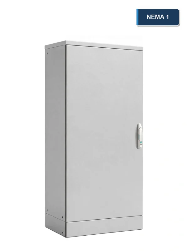 Front-right view of a tall gray NEMA 1 single-door electrical enclosure with a side-mounted handle