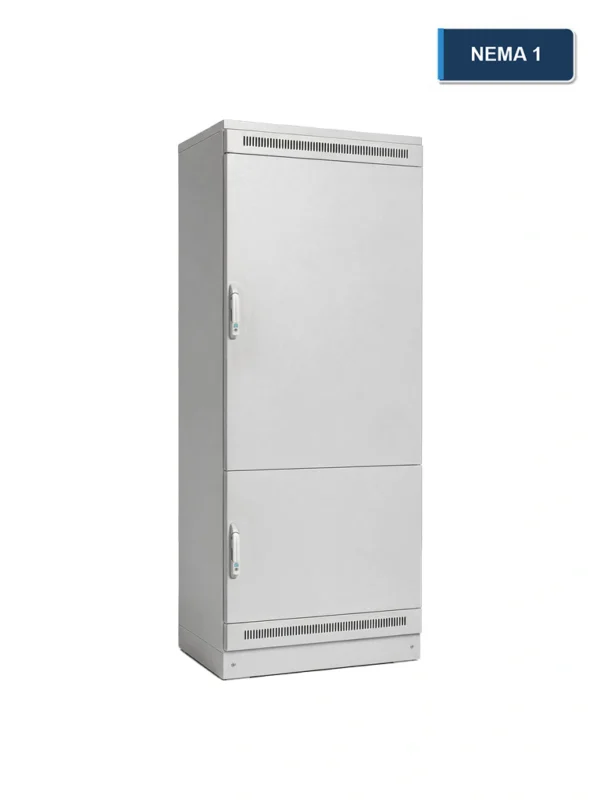 Front-left view of a tall gray NEMA 1 electrical enclosure with two access doors and ventilation louvers at the top and bottom