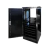 Open black NEMA 4X electrical enclosure with multiple internal shelves and an open front door