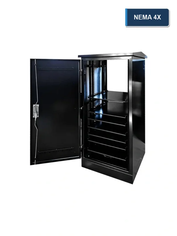 Open black NEMA 4X electrical enclosure with multiple internal shelves and an open front door