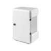 White NEMA 4X electrical enclosure with a hinged cover, side hinges, and a front latch