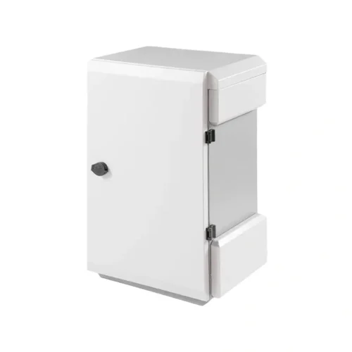 White NEMA 4X electrical enclosure with a hinged cover, side hinges, and a front latch