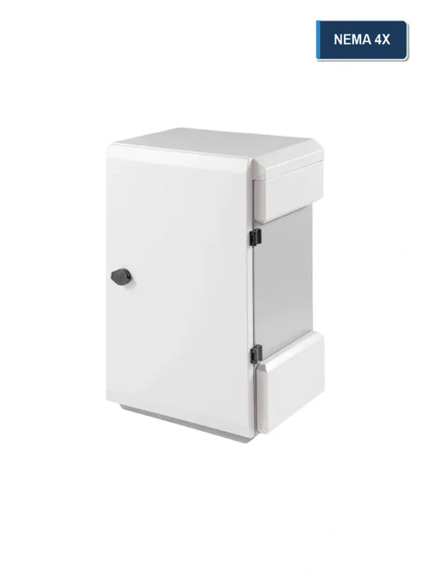 White NEMA 4X electrical enclosure with a hinged cover, side hinges, and a front latch