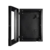 Open black NEMA 4X electrical enclosure showing the door, internal mounting panel, and cable-entry features