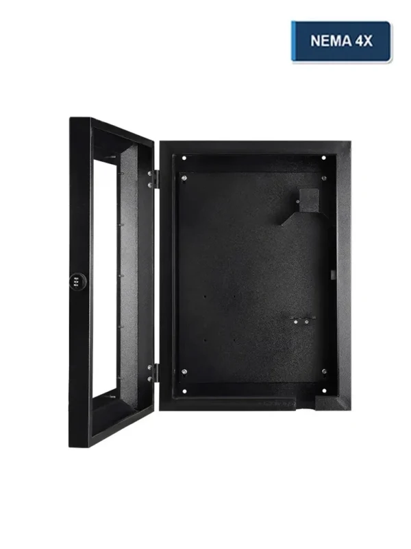 Open black NEMA 4X electrical enclosure showing the door, internal mounting panel, and cable-entry features
