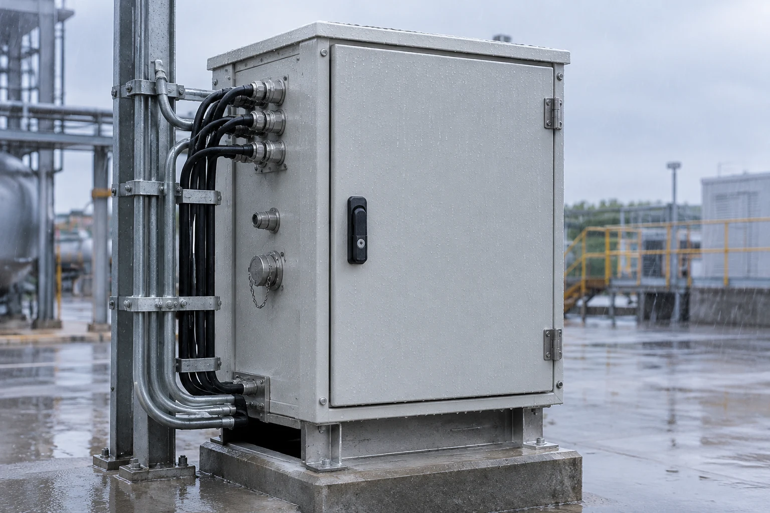Outdoor electrical enclosure with sealed door cable glands plugs and weather exposure
