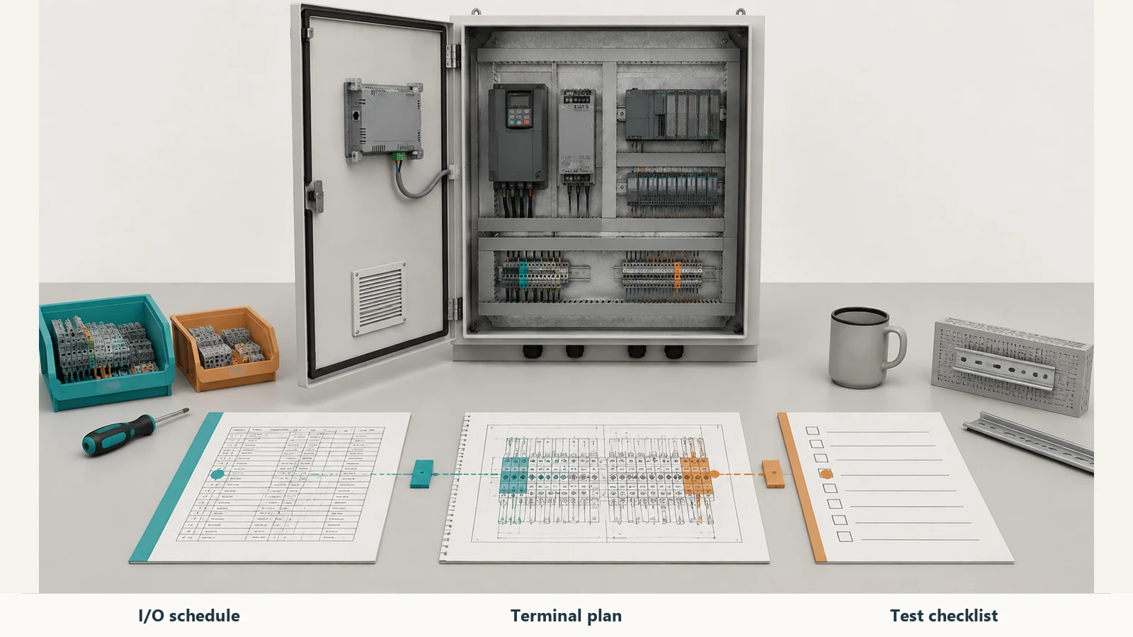 Illustrative panel-builder review of an I/O schedule, terminal plan and uncompleted test checklist