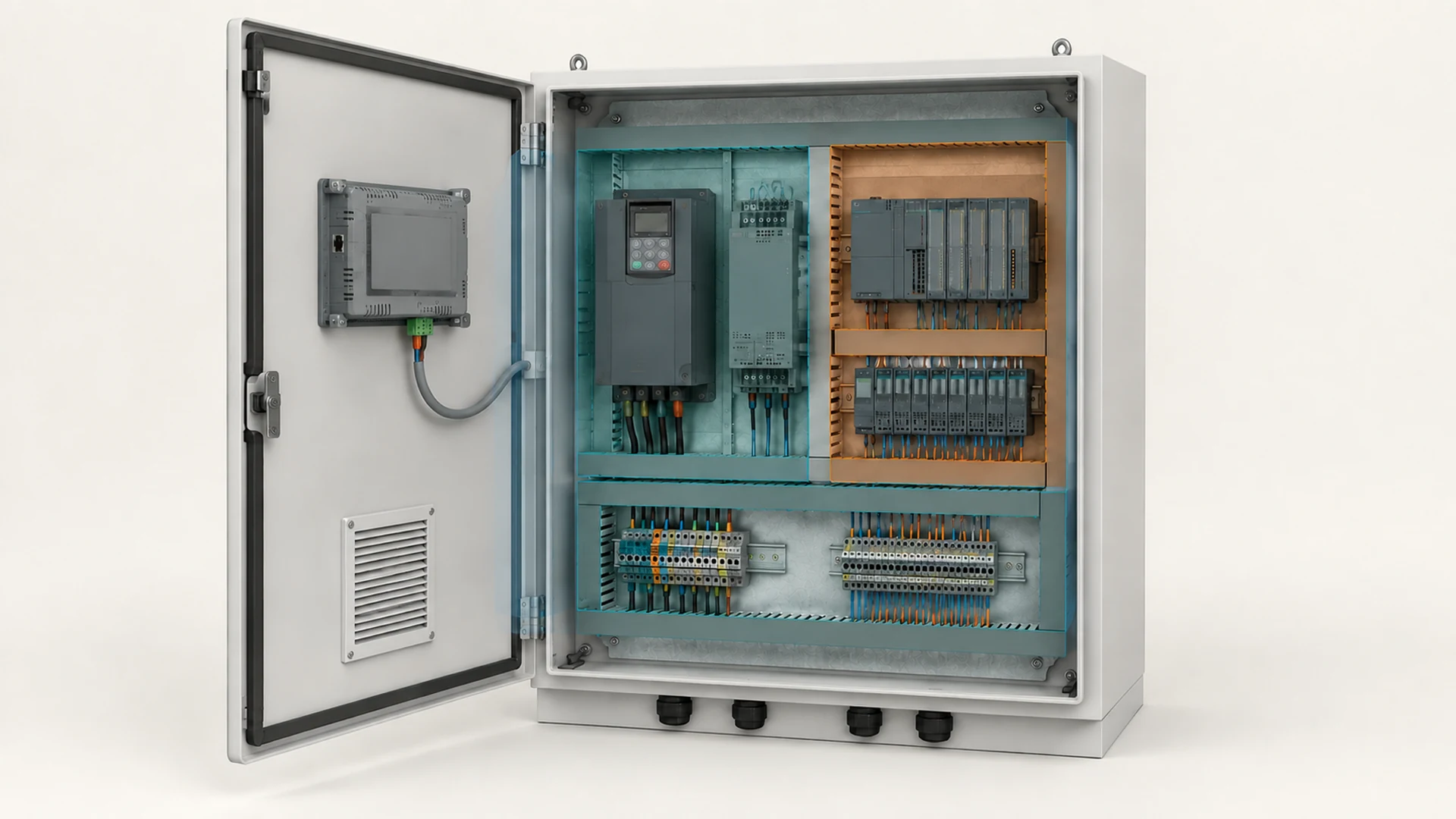 Illustrative PLC control panel with a door-mounted HMI, internal devices and cable-entry areas
