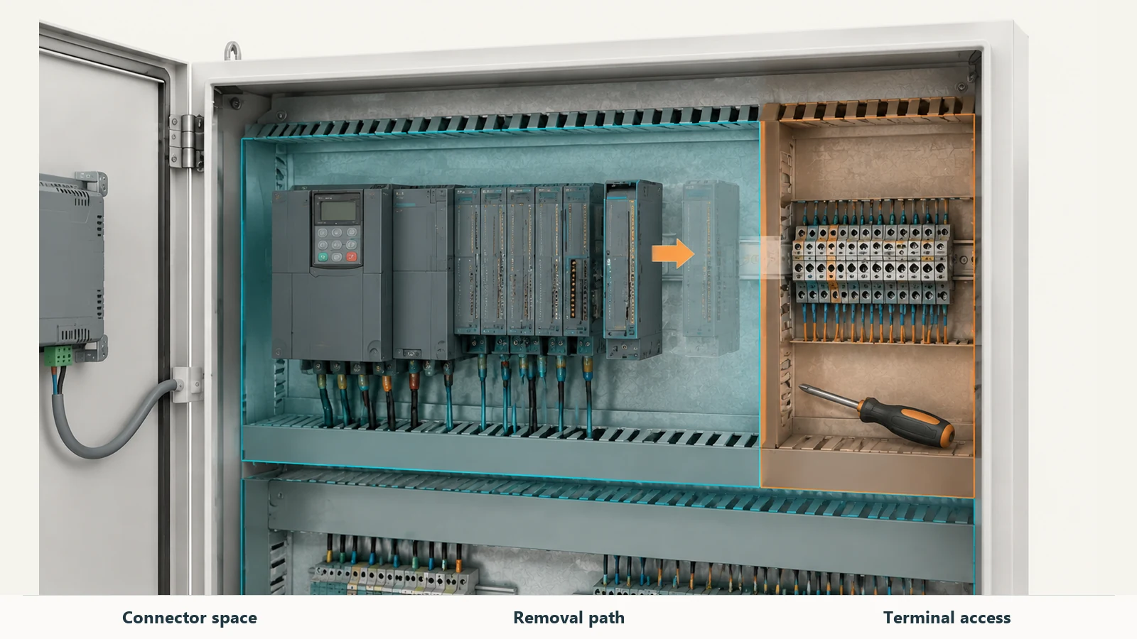 Close-up concept showing terminal access and the removal path for a PLC I/O module