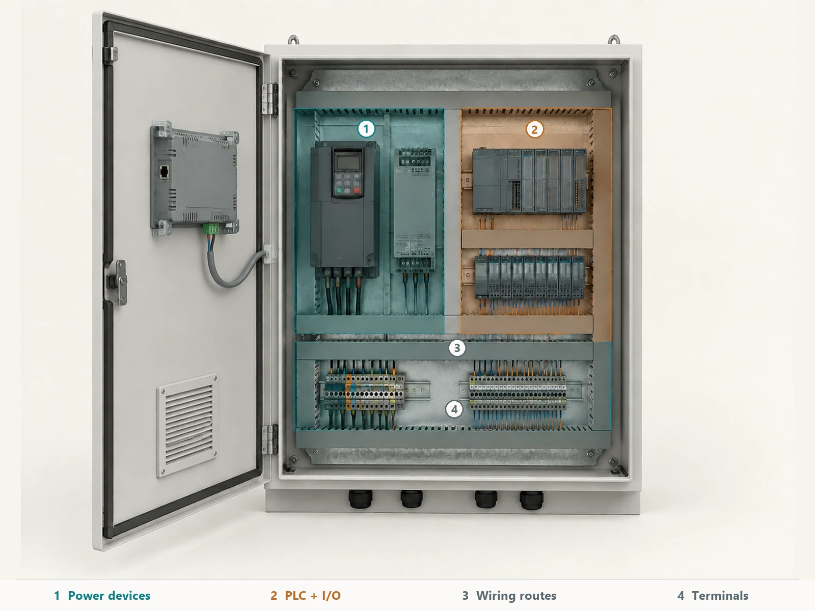 Front-view concept layout showing power devices, PLC and I/O, wiring ducts and terminal groups