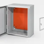 Open wall-mounted sheet metal enclosure with an orange mounting plate beside a simplified fabrication drawing.
