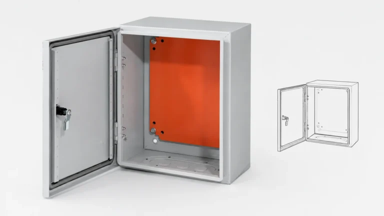 Open wall-mounted sheet metal enclosure with an orange mounting plate beside a simplified fabrication drawing.