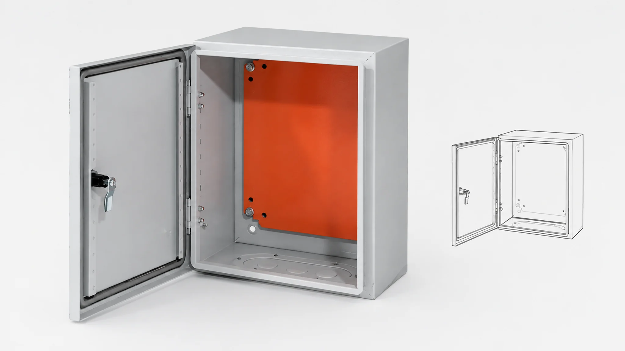 Open wall-mounted sheet metal enclosure with an orange mounting plate beside a simplified fabrication drawing.