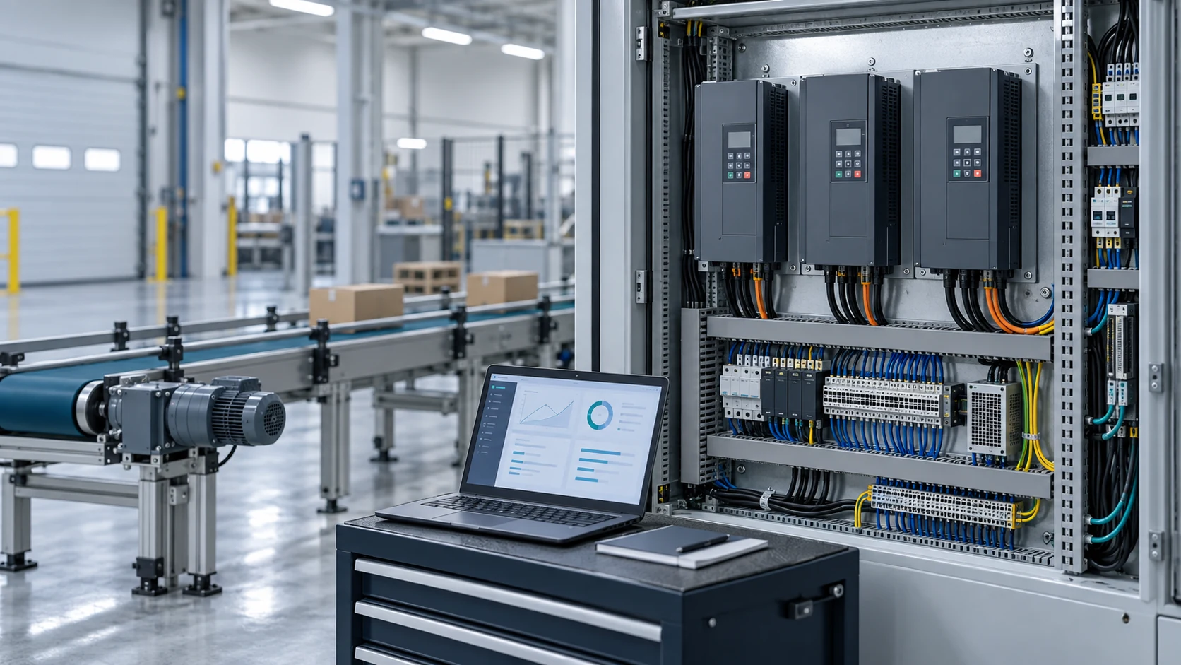 Open control cabinet with VFDs, cable ducts and terminal blocks beside a conveyor and motor.