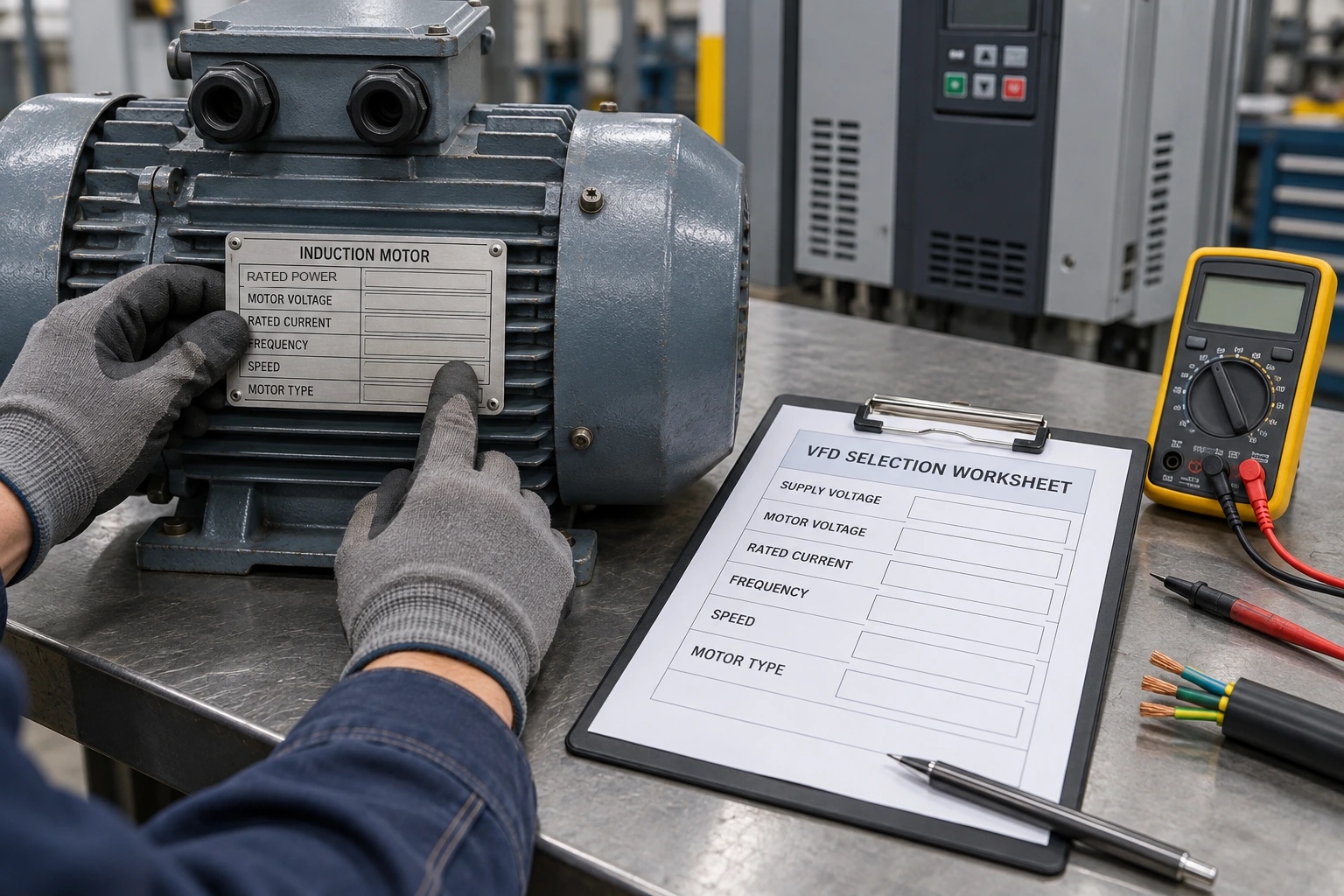 Motor nameplate and VFD worksheet with fields for voltage, current, frequency, speed and motor type.