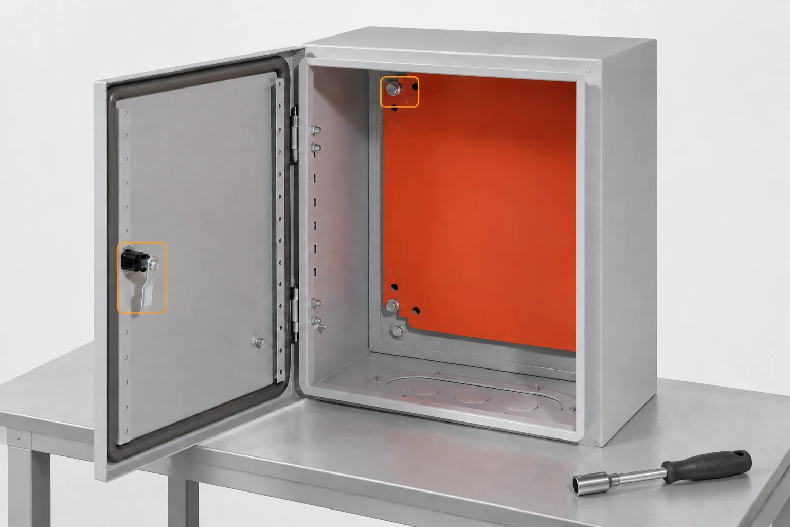 Open enclosure on a workbench with the door latch and a mounting plate fixing highlighted for a fit review.