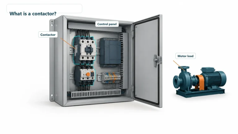 Three-pole contactor highlighted inside an illustrated motor control panel