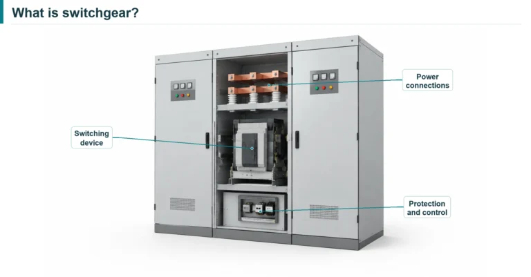 Cutaway-style switchgear illustration identifying power connections, a switching device, and a separate control area.