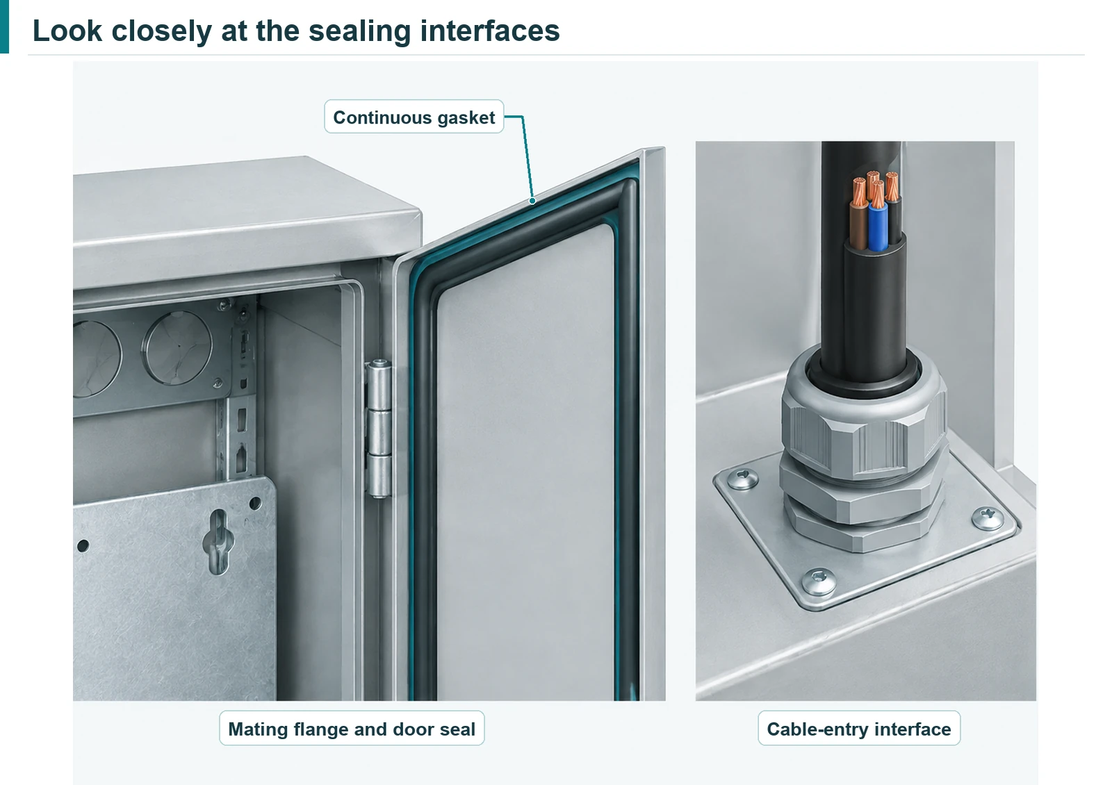 Close-up illustrations of a continuous door gasket, its mating flange, and a cable gland at an entry plate.