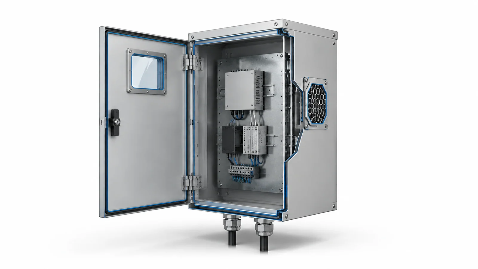 Open electrical enclosure showing its door gasket, framed vent, inspection window and cable entries.