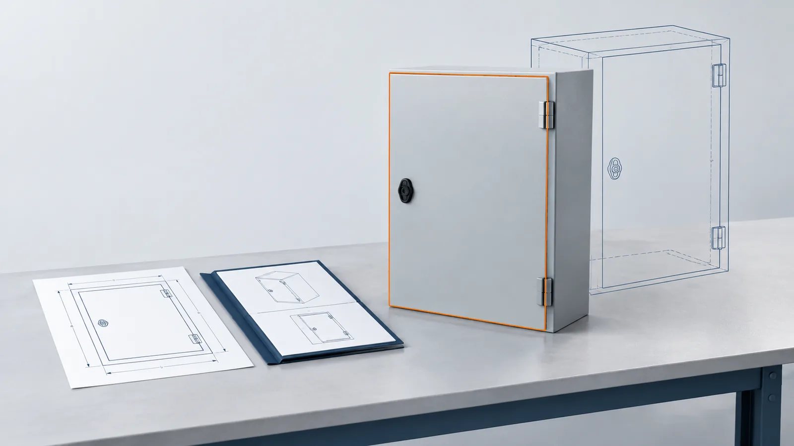 Concept illustration of a closed electrical enclosure beside drawings used to compare the ordered configuration.