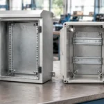 Fabricated steel and molded polycarbonate enclosures shown with their mounting arrangements.