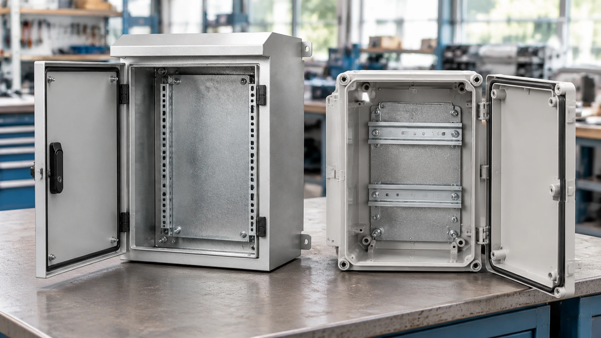 Fabricated steel and molded polycarbonate enclosures shown with their mounting arrangements.