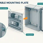 Exploded view of a removable control panel mounting plate aligned with enclosure supports and fixing points.