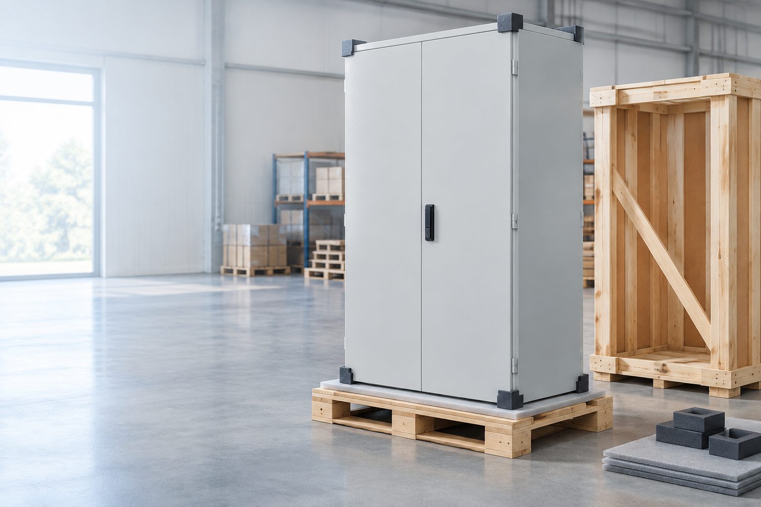 Illustrated light-gray cabinet upright on protected shipping skid