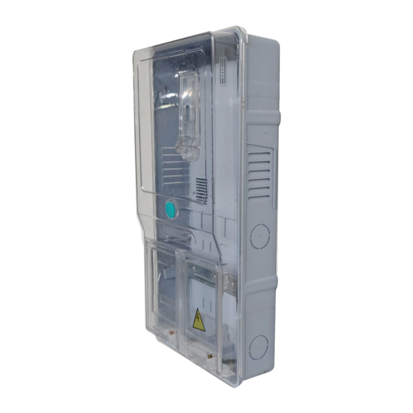 Front-right view of an electrical enclosure with a clear cover and two lower access doors