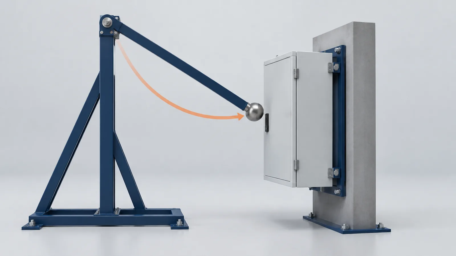 Conceptual pendulum striker approaching a closed enclosure secured to a rigid support.