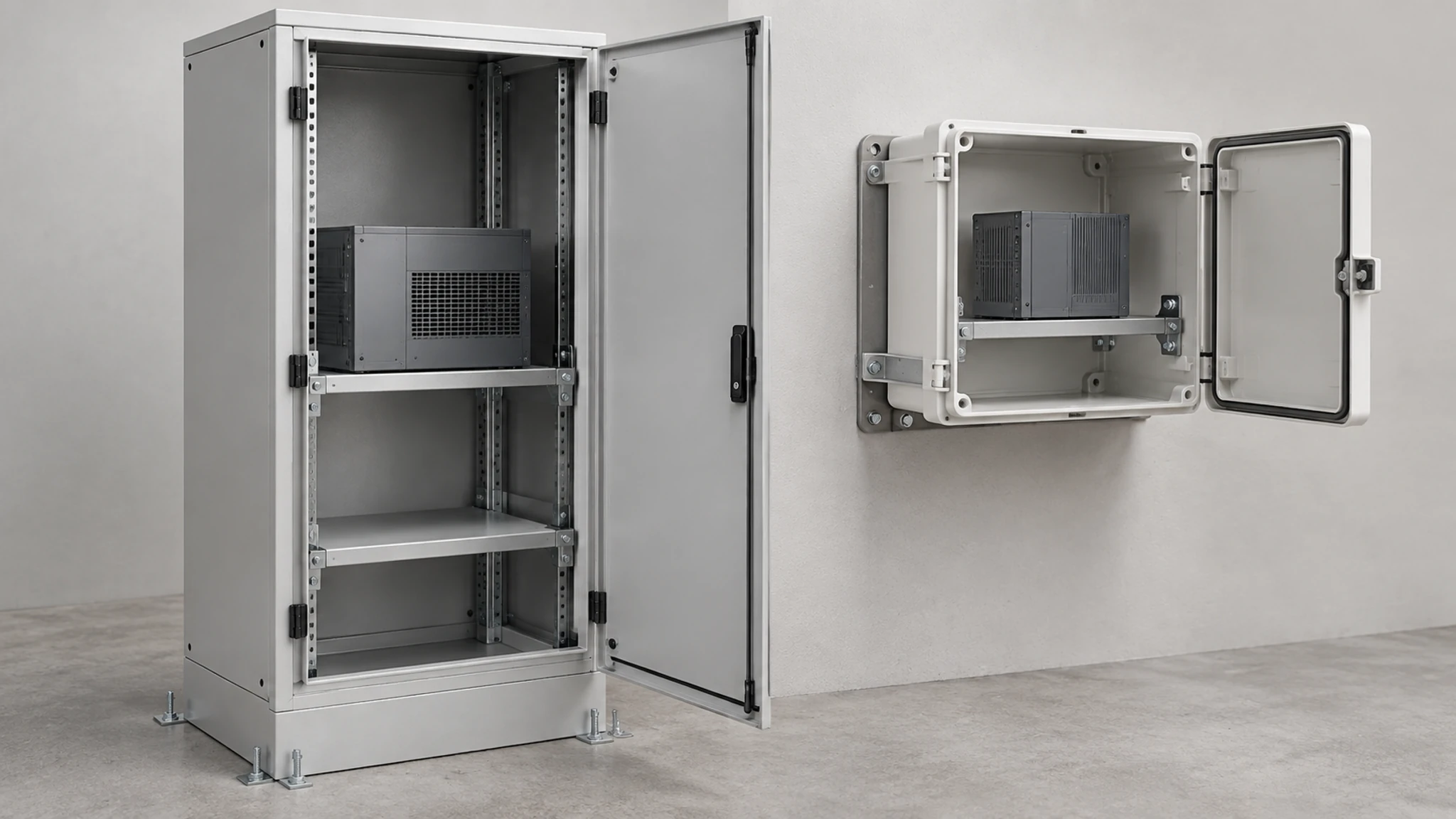 Cutaway examples showing shelf and mounting supports inside metal and non-metallic enclosures.