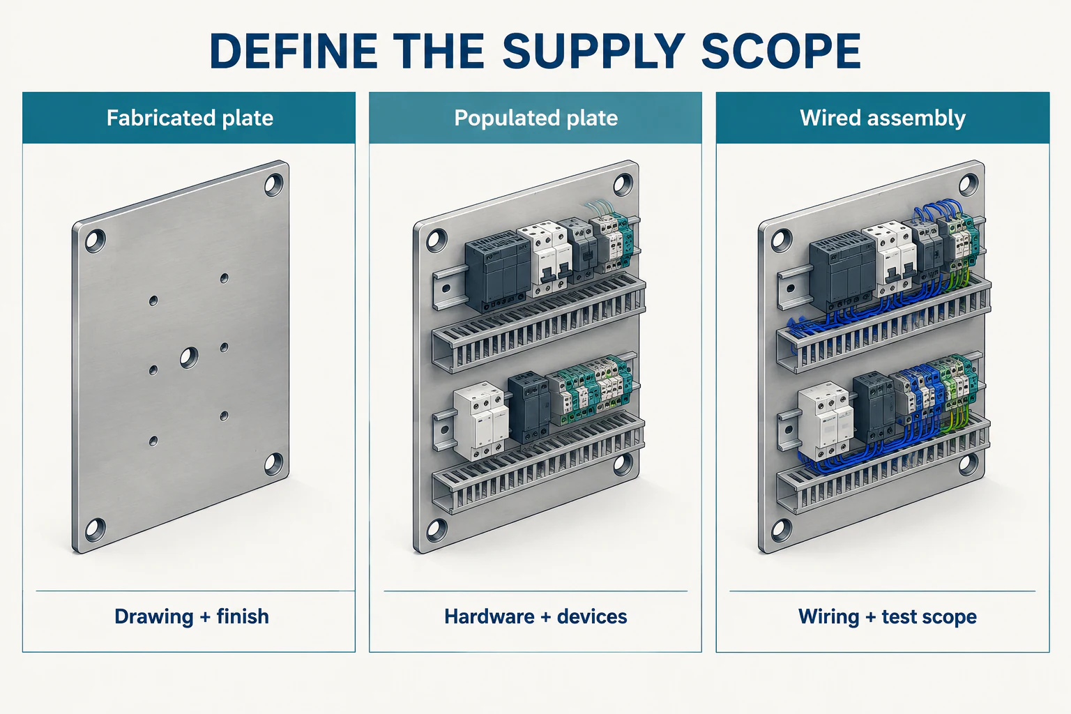Bare fabricated plate, populated mounting plate and wired backplate assembly shown as three supply scopes.